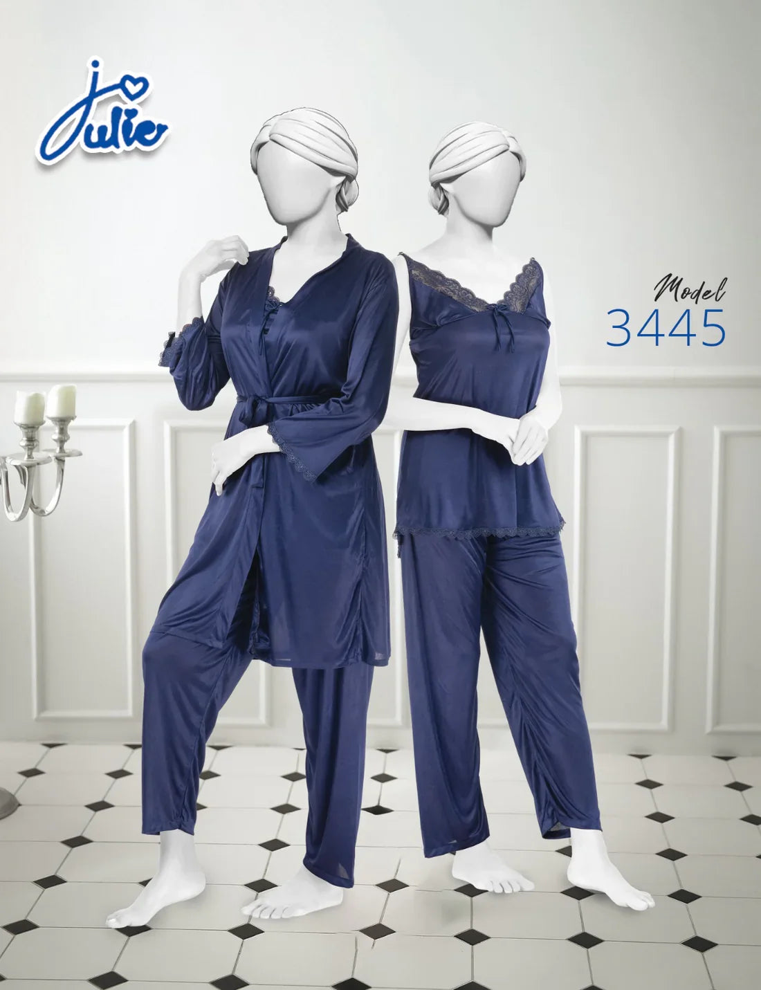 Basic 3 Pcs Nighty with Gown and Inner Suit Soft Silk