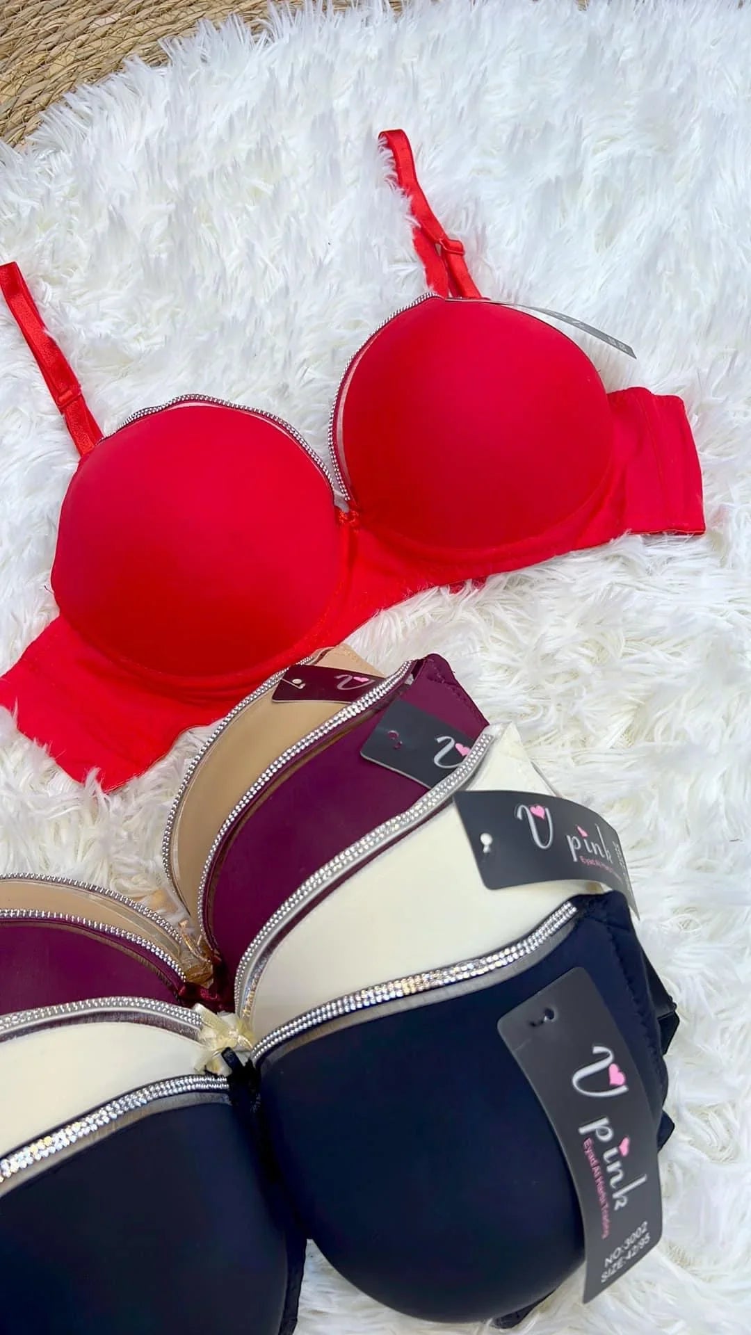 T-Shirt Bra Double Padded with Fancy Zircon Lace red