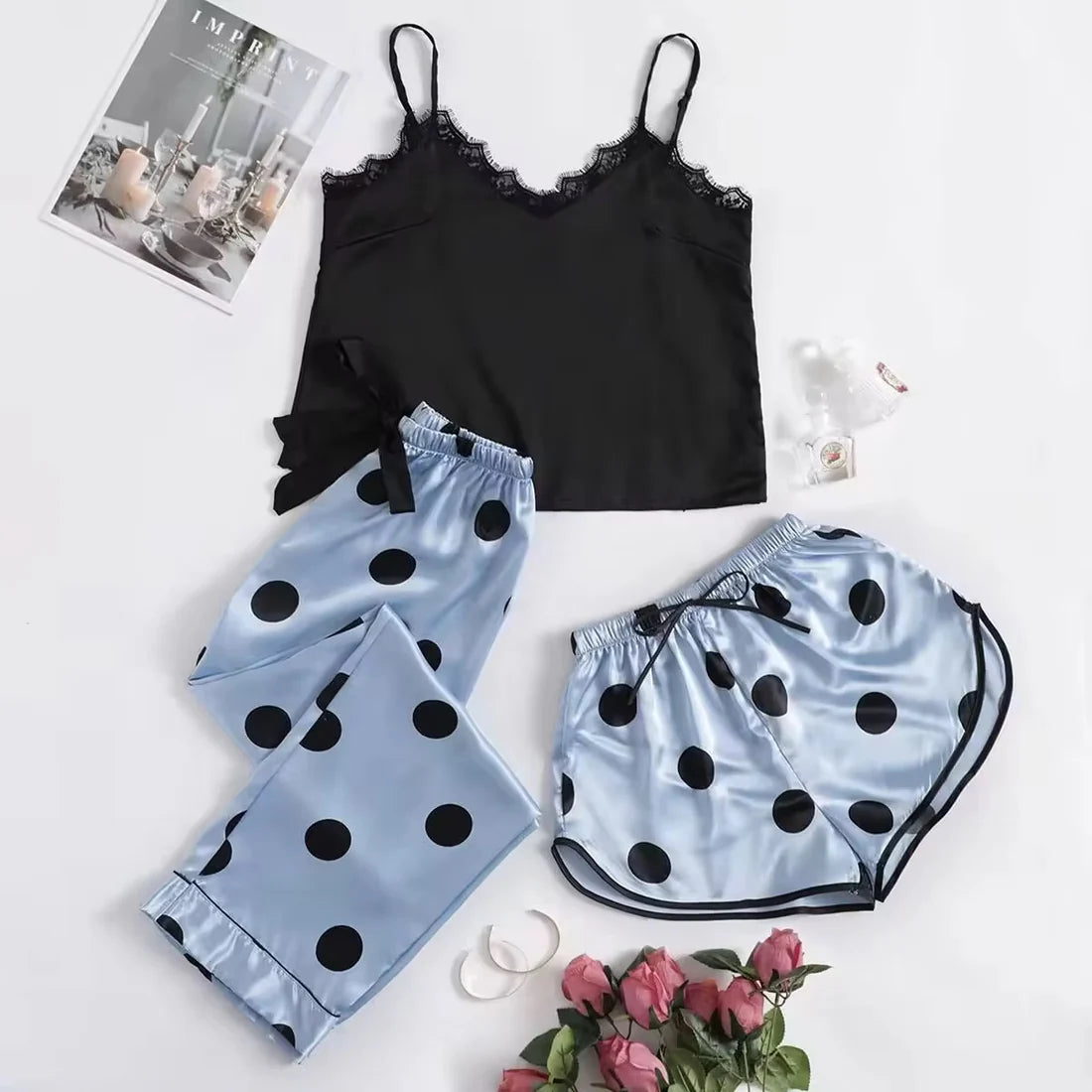 Basic Lingerie Silk Satin Nighty with Shorts and Pajama Polka Dot 3 Pcs Nighty blue