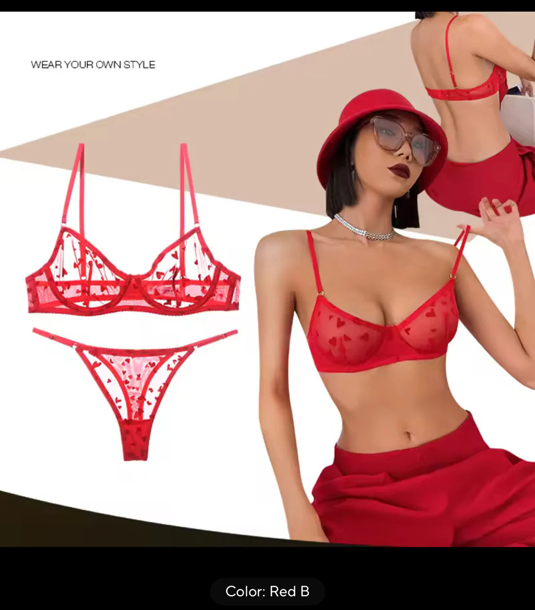 BLS Sheer Heart Mesh Lingerie Set – Transparent Bra & Thong Panty