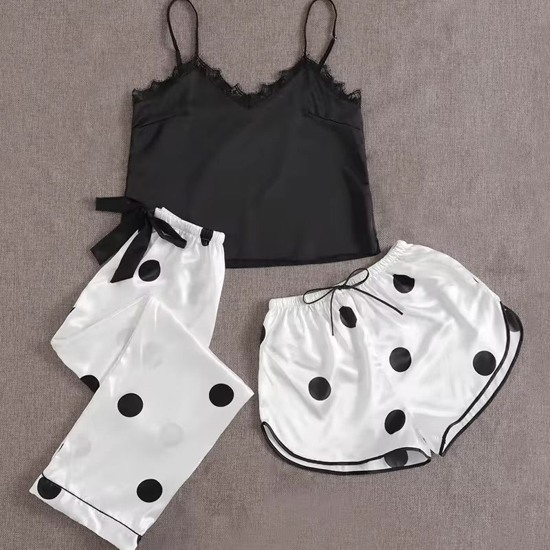 Basic Lingerie Silk Satin Nighty with Shorts and Pajama Polka Dot 3 Pcs Nighty