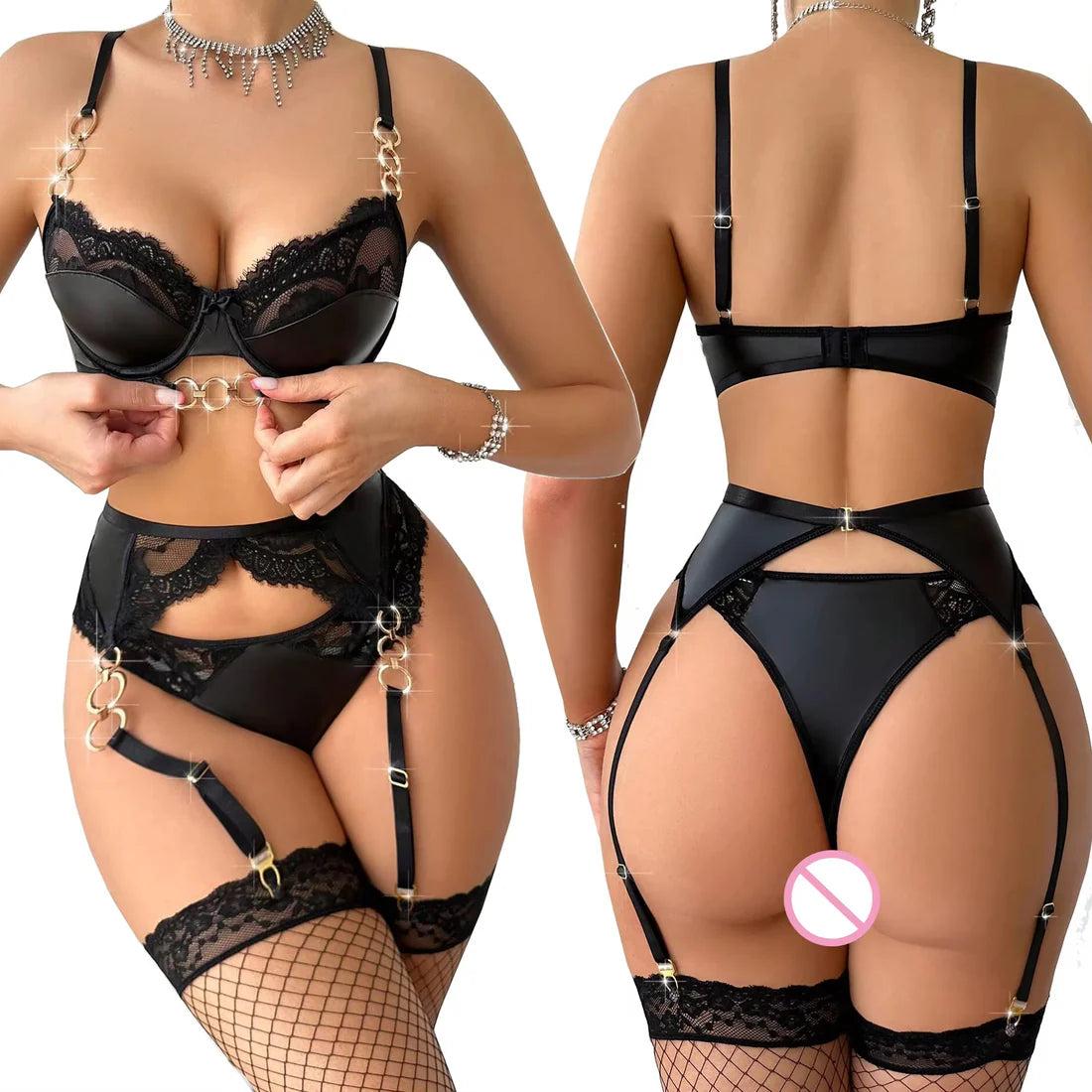 Black Lady Lingerie Leather Garter Set 4 Pcs with Chain