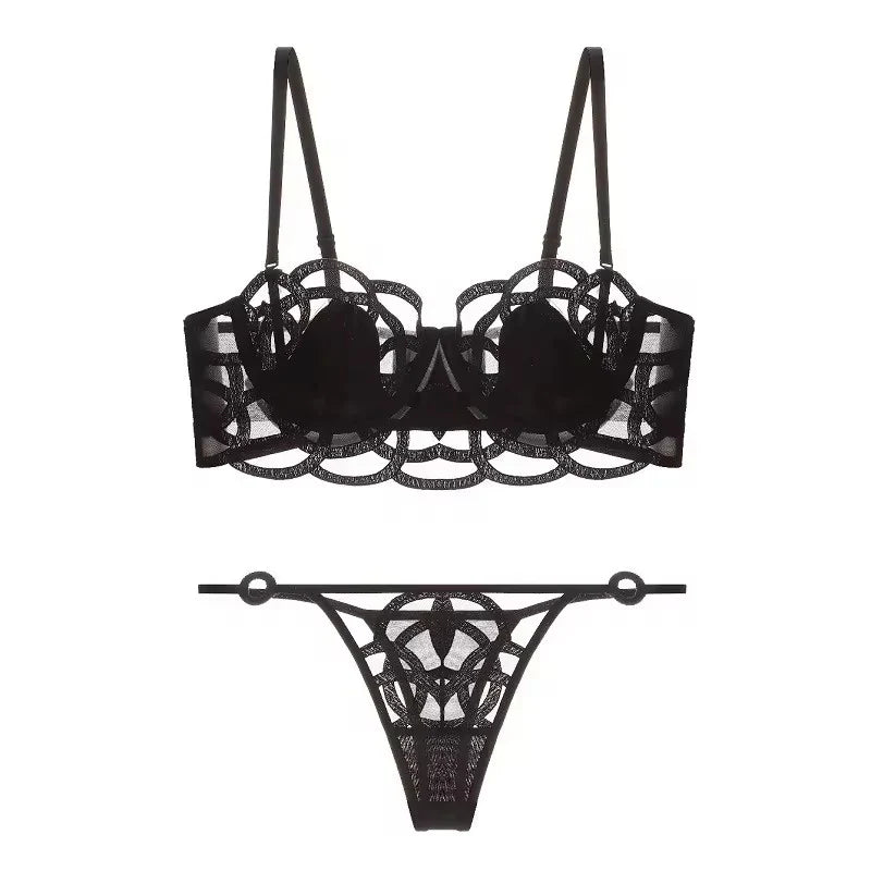 BLS Midnight Bloom Lingerie Set – Sheer Black Bra with Strappy Thong Elegance