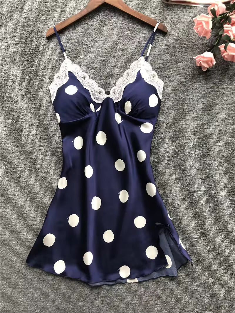 Basic Lingerie Polka Dot Silk Satin Nighty blue