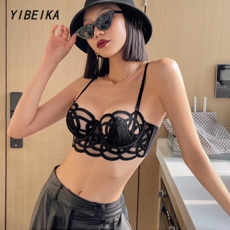 BLS Midnight Bloom Lingerie Set – Sheer Black Bra with Strappy Thong Elegance