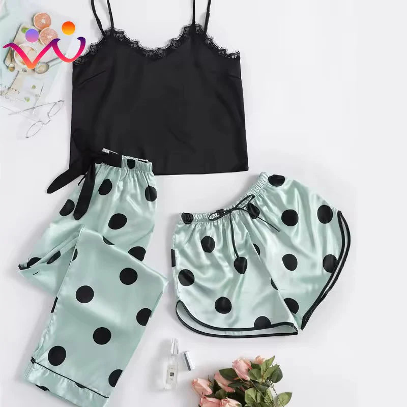 Basic Lingerie Silk Satin Nighty with Shorts and Pajama Polka Dot 3 Pcs Nighty green