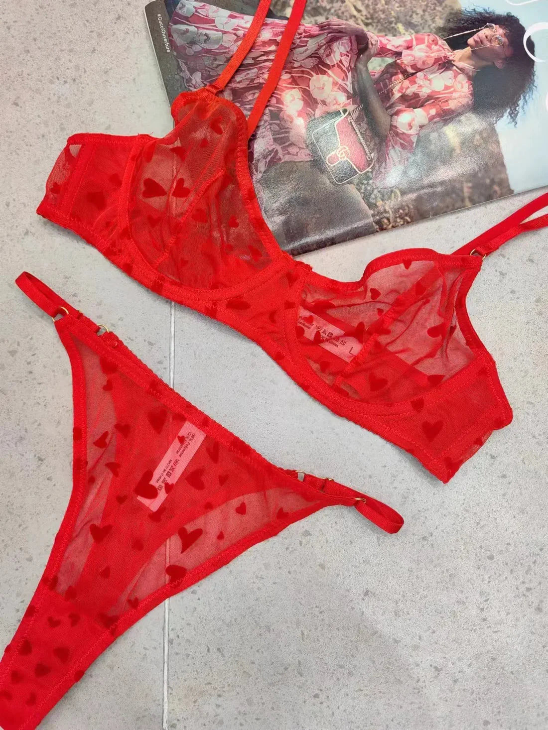 BLS Sheer Heart Mesh Lingerie Set – Transparent Bra & Thong Panty