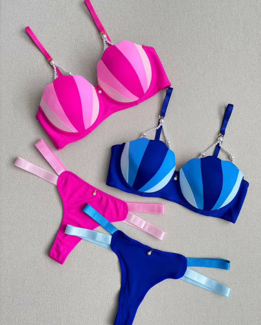 BLS Striped "Tutti Frutti" Bra & Thong Lingerie Set with Pearls