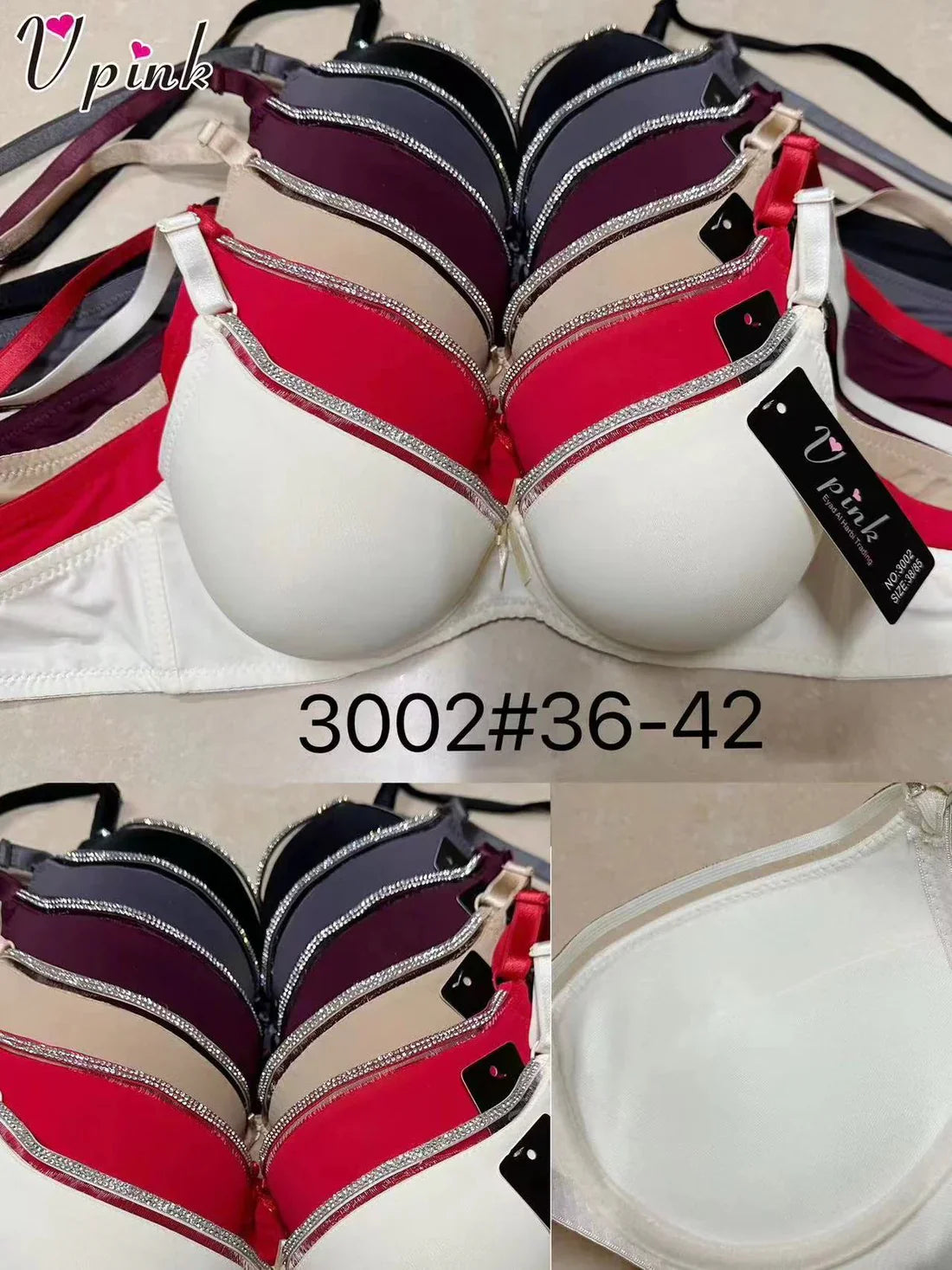 T-Shirt Bra Double Padded with Fancy Zircon Lace white