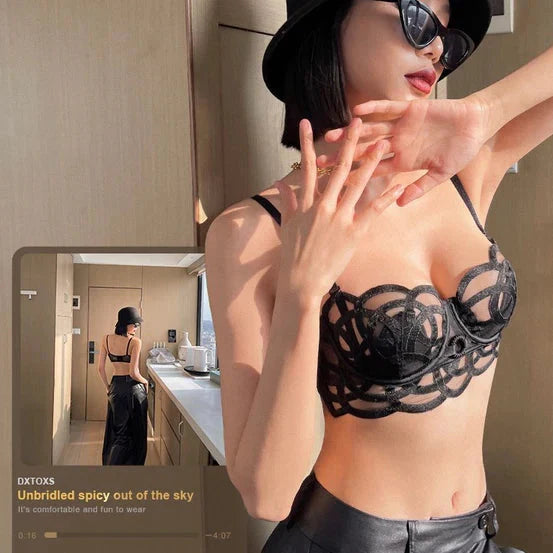 BLS Midnight Bloom Lingerie Set – Sheer Black Bra with Strappy Thong Elegance