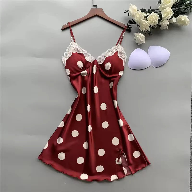 Basic Lingerie Polka Dot Silk Satin Nighty red