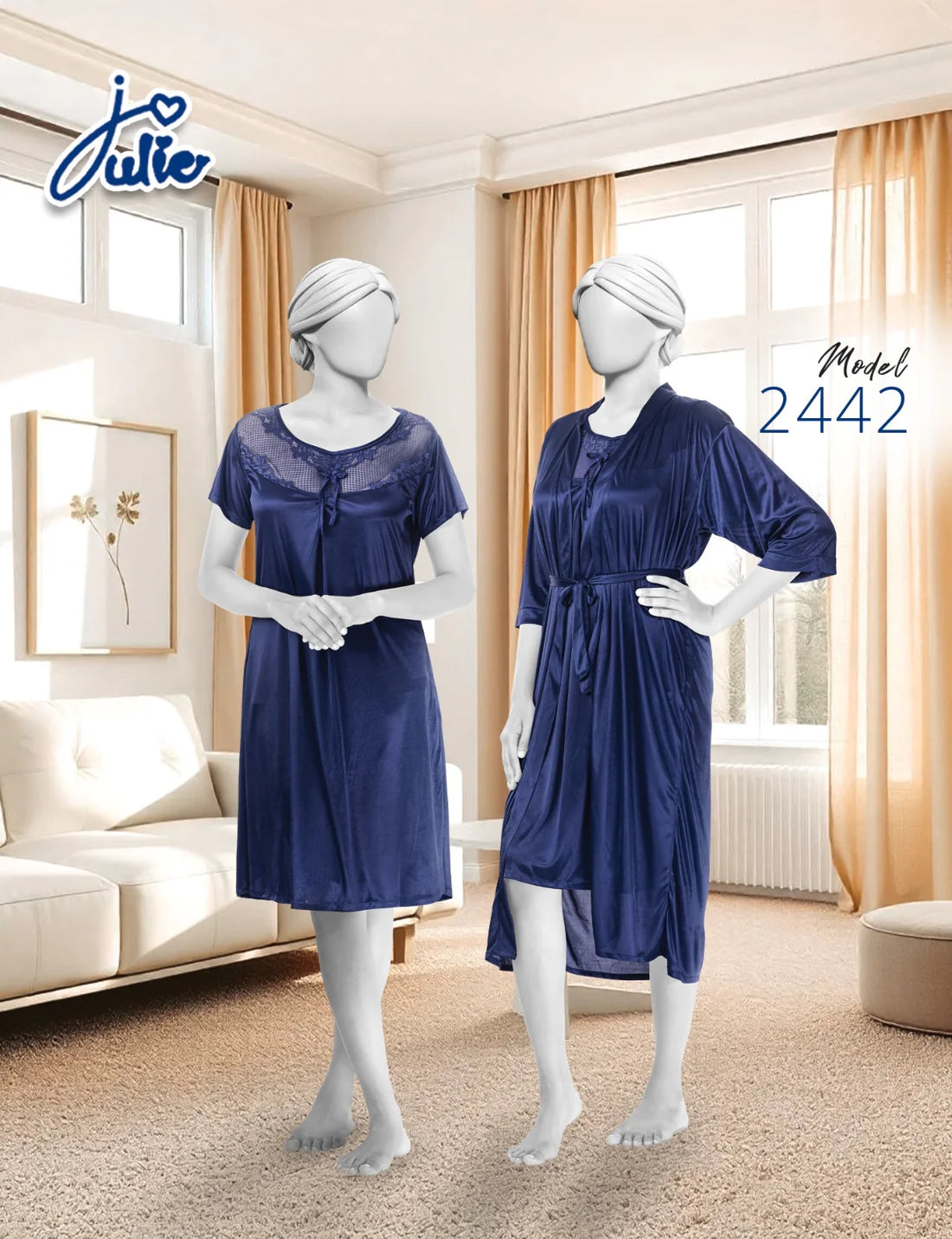 Basic Lingerie Two Piece Nighty Soft Silk Lingerie with Gown blue