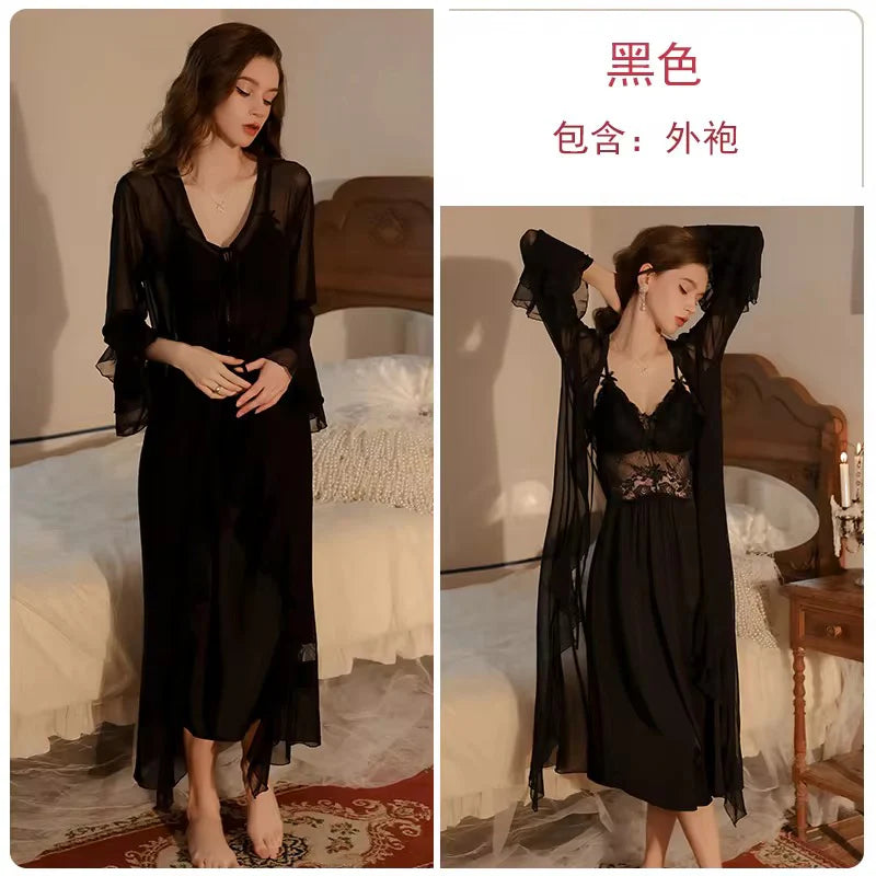 Shien Lingerie Lace Nighty Elegant Net with Sleek Gown