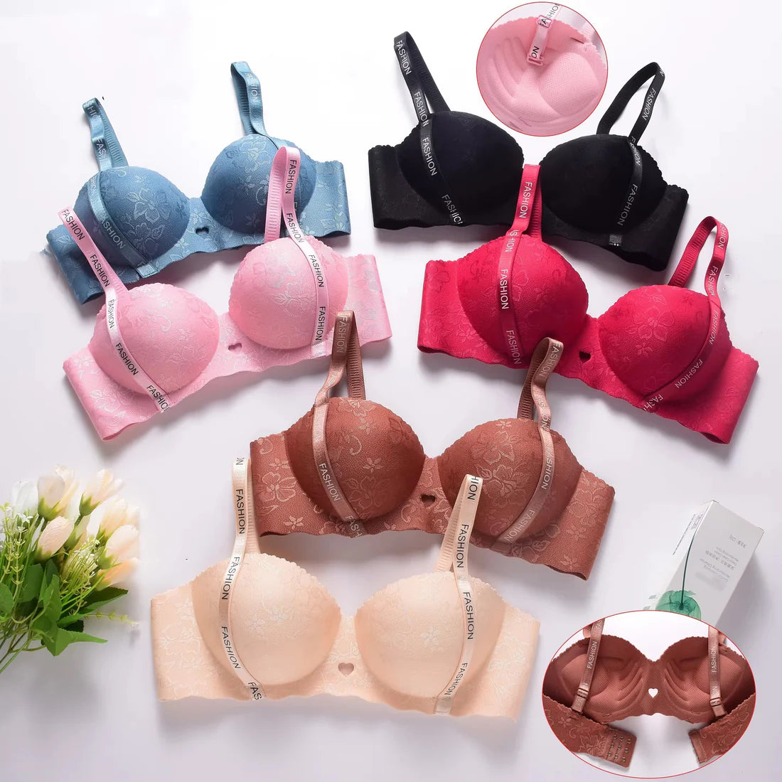 T-Shirt Bra Self Print Demi Cup Trendy Straps Fashion Wireless Bra
