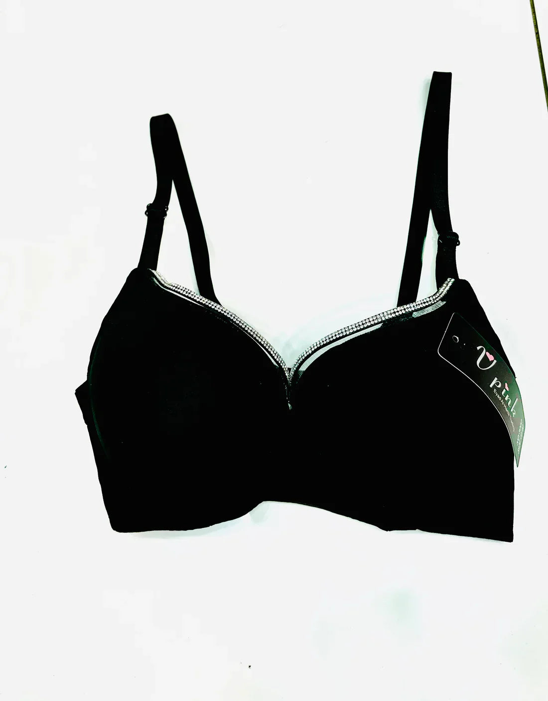 T-Shirt Bra Double Padded with Fancy Zircon Lace black