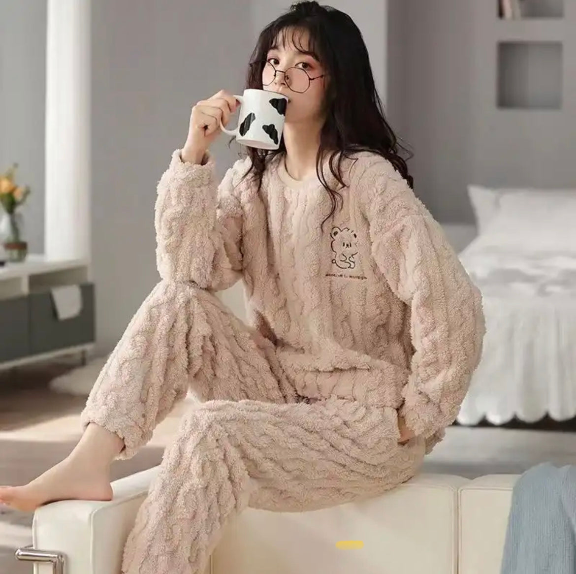 Basic Beige Warm Fleece Loungewear Night Suit Coord Set PJ for Girls –  Basic Lingerie
