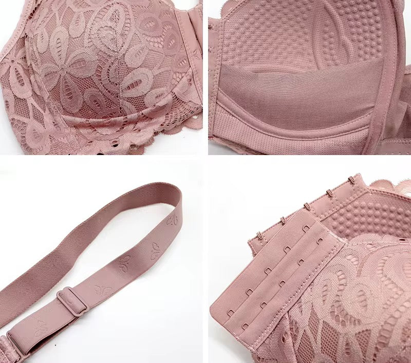 Collage of a pink lace bra with different views on a white background