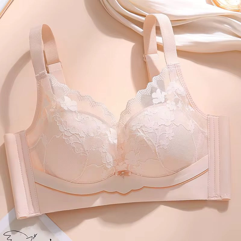 Delicate lace bra on a soft beige background