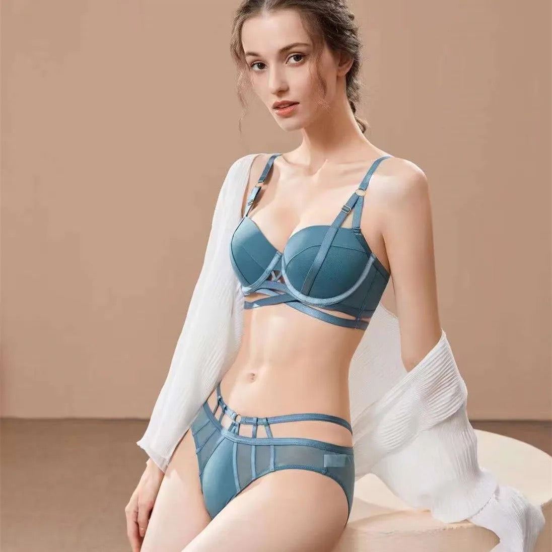 Basic Stripped Lingerie Set Hollow Mesh