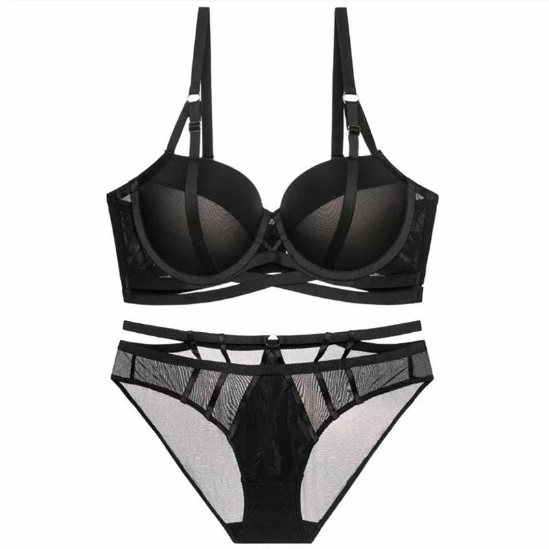 Basic Stripped Lingerie Set Hollow Mesh