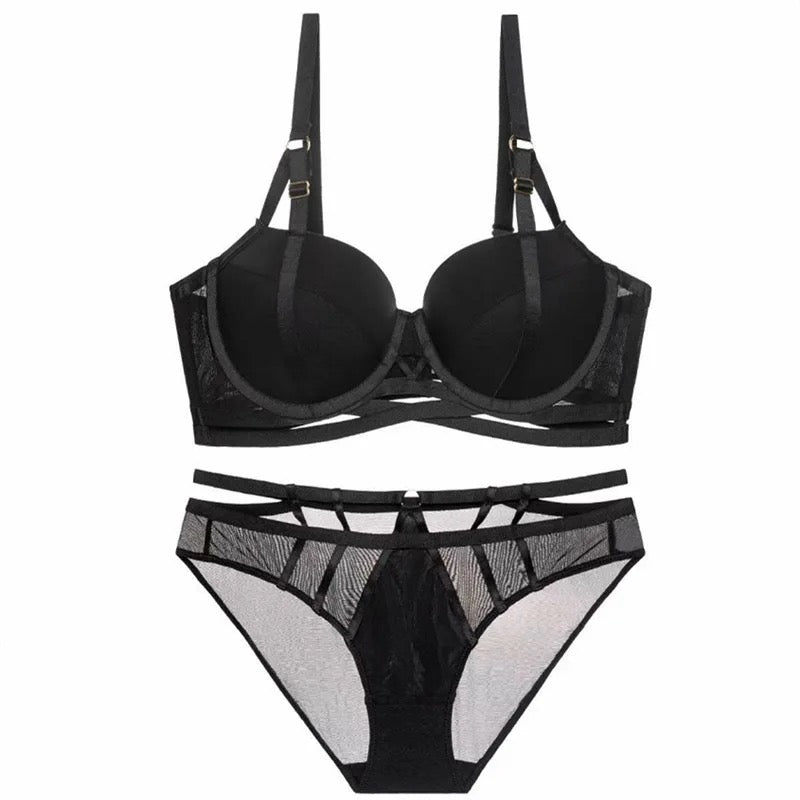Basic Stripped Lingerie Set Hollow Mesh
