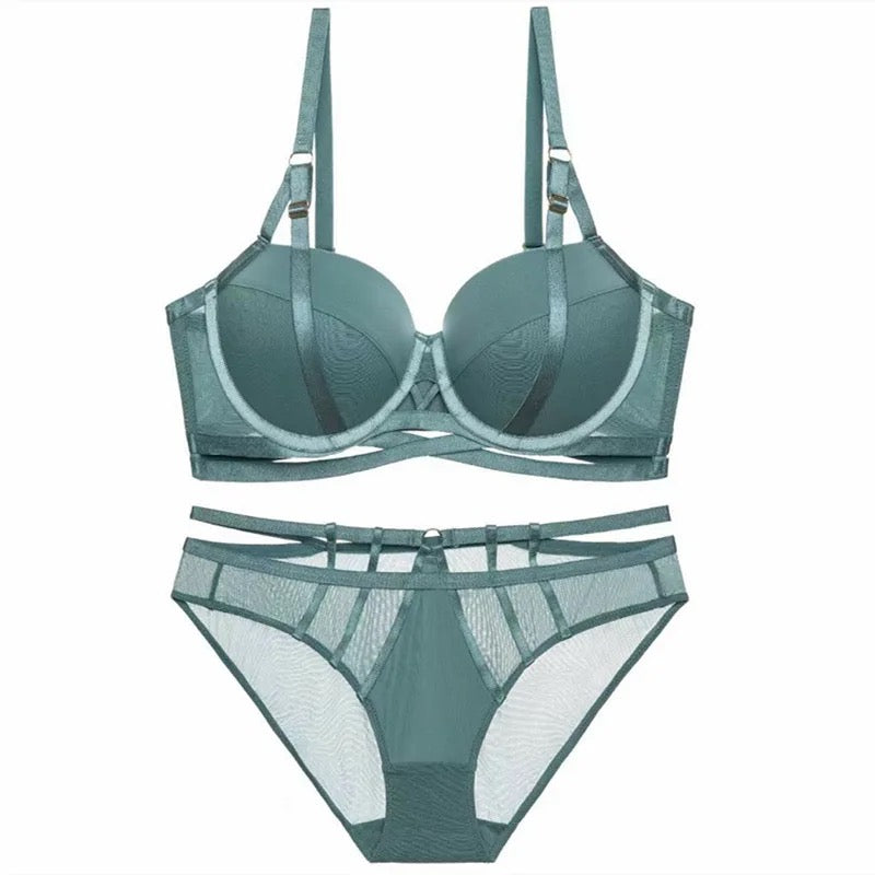Basic Stripped Lingerie Set Hollow Mesh