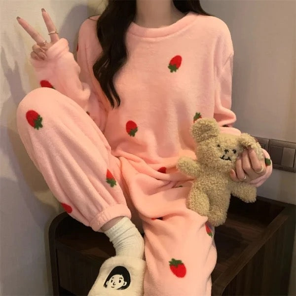 Strawberry Winter Fleece Warm Night Suit for Women