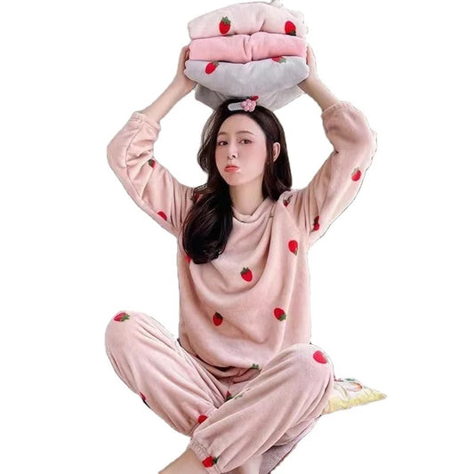 Strawberry Winter Fleece Warm Night Suit for Women