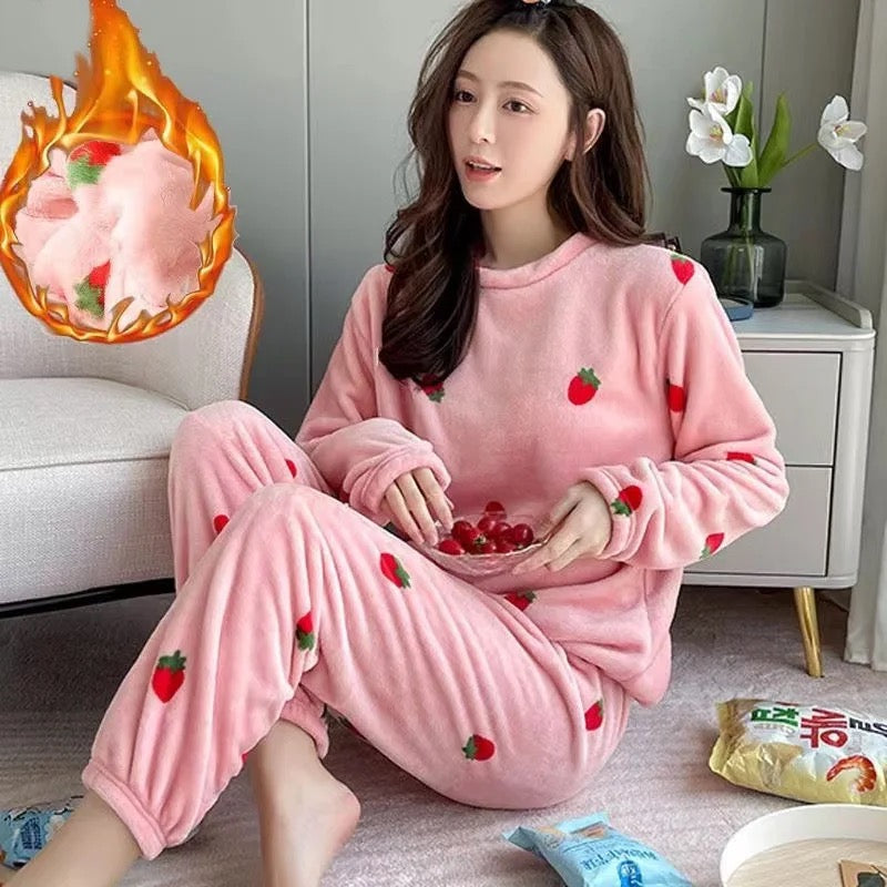 Strawberry Winter Fleece Warm Night Suit for Women