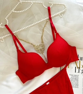 BLS Pushup Bra Underwear Set with Butterfly Necklace Design red