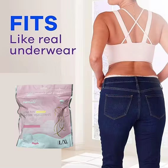 Woman wearing dark blue jeans with a package of underwear labeled 'Fits Like Real Underwear' on a light background.