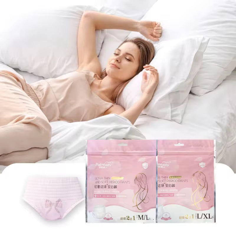 Woman lying in bed with nightwear and packaging of Haneato products.