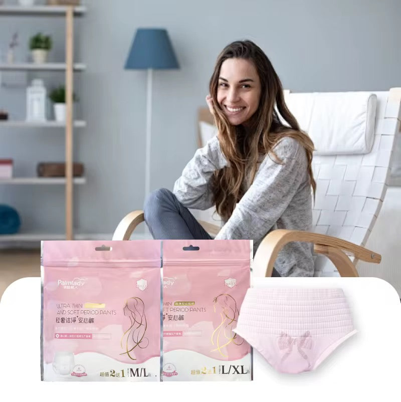 Woman sitting on a chair with pink packaging and fabric in the foreground