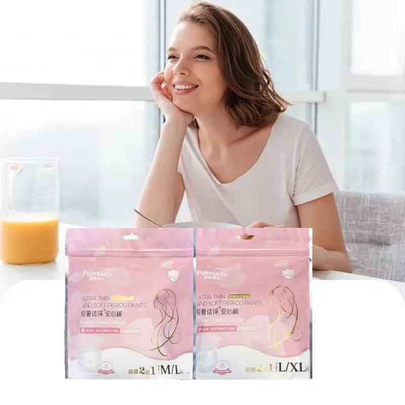 Woman sitting at a table with two packages of 'Puracare' products in front of her.