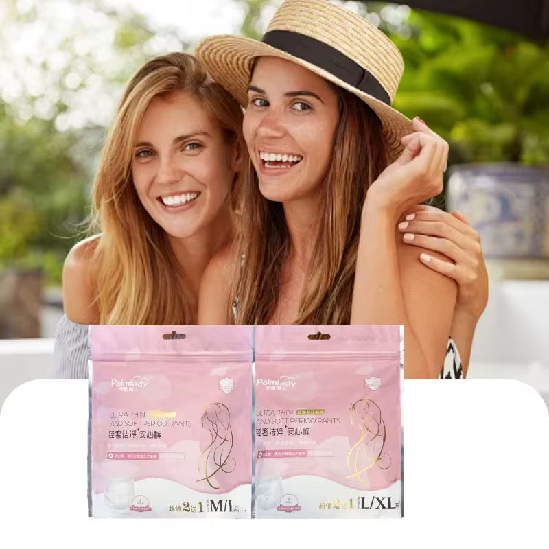 Two women smiling outdoors with a product package overlay.
