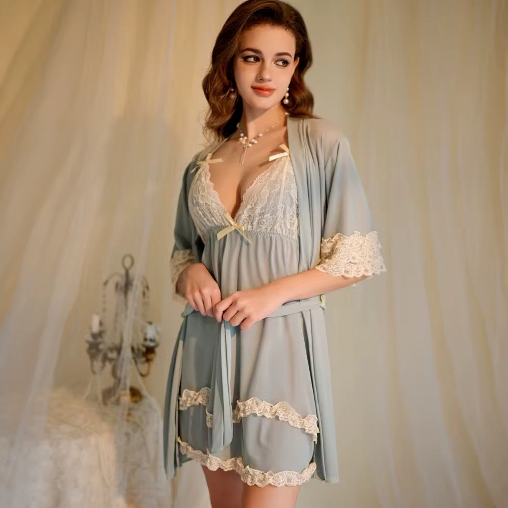 BLS Lace Babydoll Nightdress with Robe – Elegant Women’s Lingerie Set