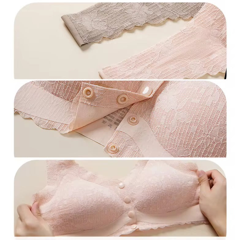 Collage of a pink lace bra with close-up details on a light background