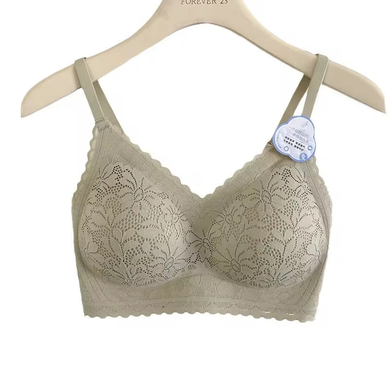 Beige lace bra on a hanger with 'Forever 21' tag
