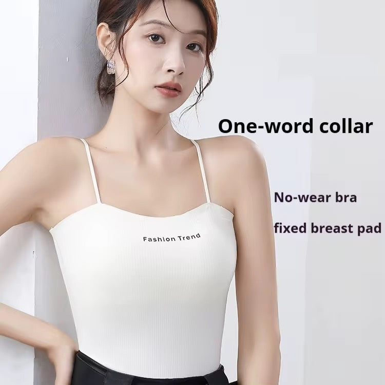 Woman wearing a white no-wear bra with text on a plain background