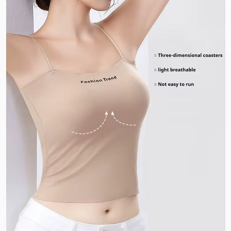 Beige tank top worn by a mannequin on a white background