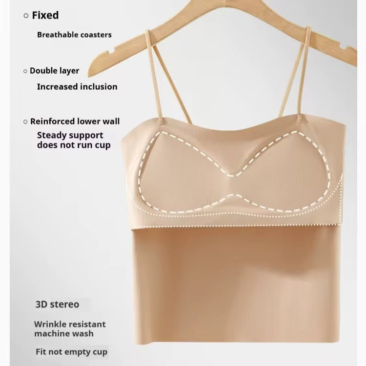 Beige bra on a hanger with text highlighting features