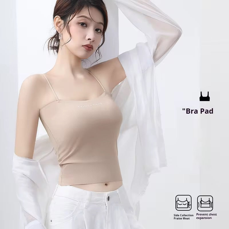 Woman wearing a beige bra pad with text on a white background