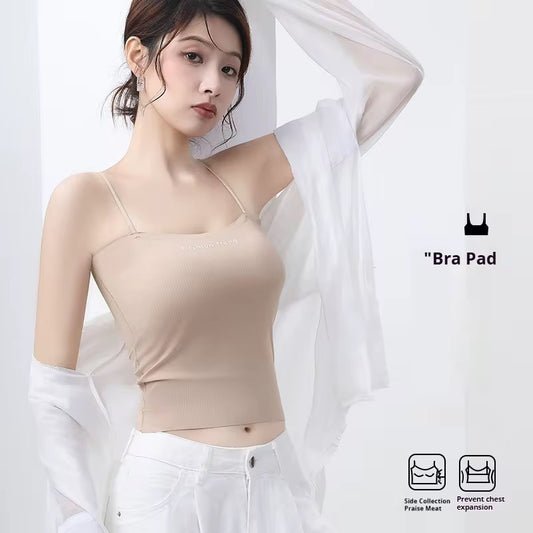 Woman wearing a beige bra pad with text on a white background