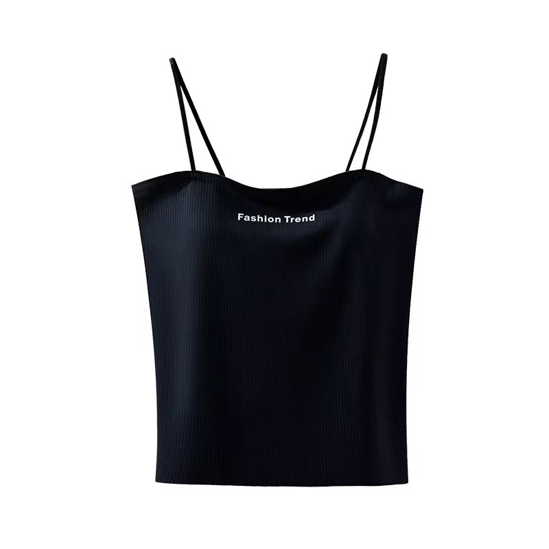 Black spaghetti strap top with 'Fashion Trend' text on a white background