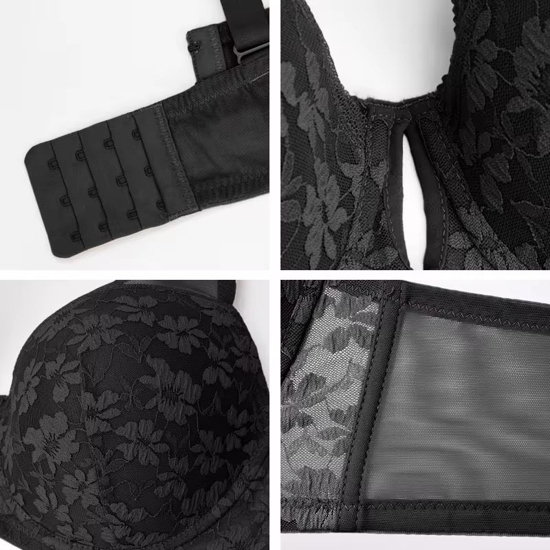 Black lace bra with close-up details on a white background