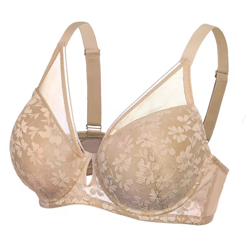 Beige lace bra on a white background