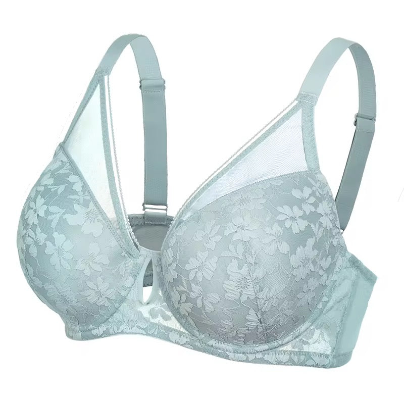Light blue floral lace bra on a white background