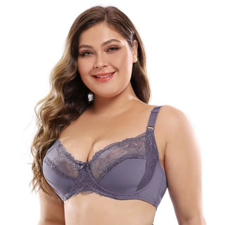Woman wearing a purple bra on a white background
