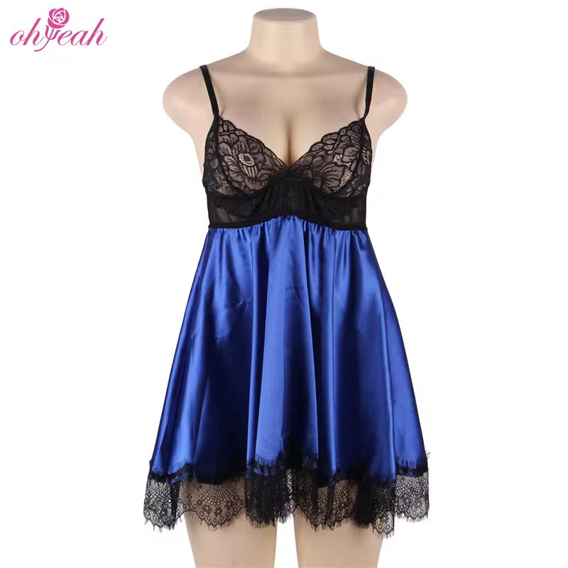 Blue satin nightgown with black lace details on a mannequin against a white background.