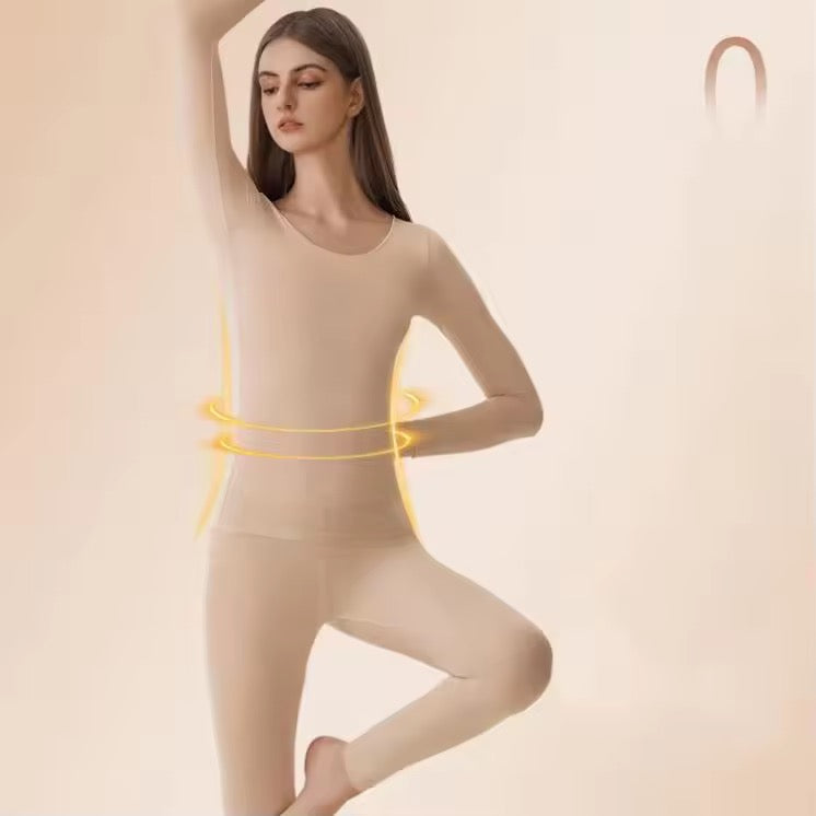 Woman wearing beige long-sleeve top and leggings with a yellow outline on a beige background